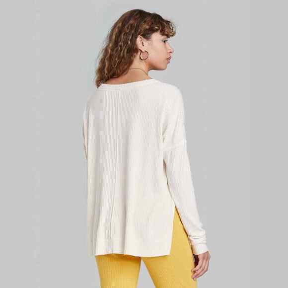 Wild Fable Oversize Sweater M Cream Womens Ribbed Hi Low Hem Boxy Knit Side Slit - Picture 7 of 12